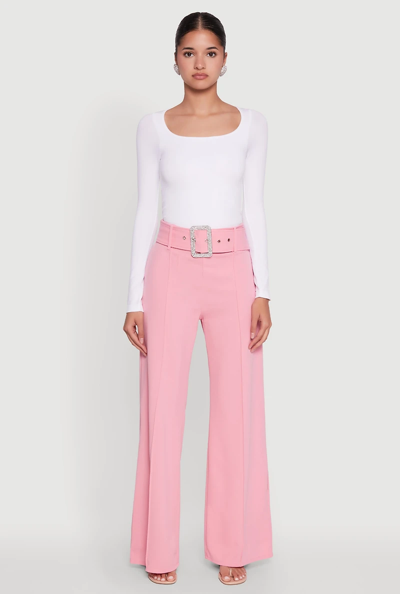Womens Trendy High Waisted Rhinestone Belted Palazzo Pants, Pink, Size S