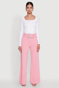 Womens Trendy High Waisted Rhinestone Belted Palazzo Pants, Pink, Size S
