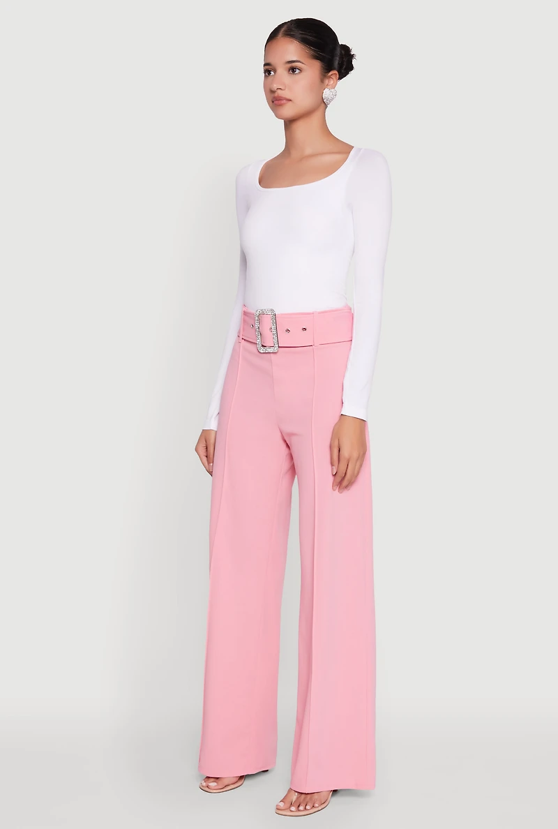 Womens Trendy High Waisted Rhinestone Belted Palazzo Pants, Pink, Size S