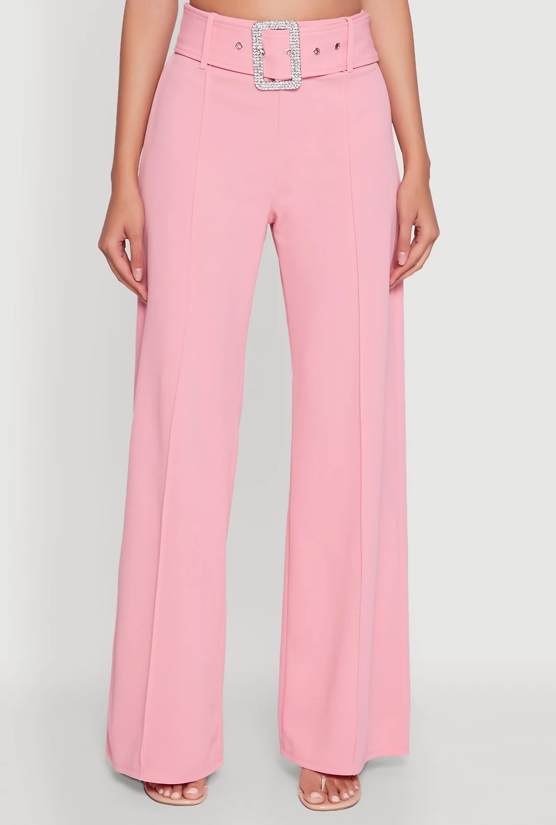 Womens Trendy High Waisted Rhinestone Belted Palazzo Pants, Pink, Size S