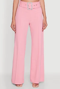 Womens Trendy High Waisted Rhinestone Belted Palazzo Pants, Pink, Size S