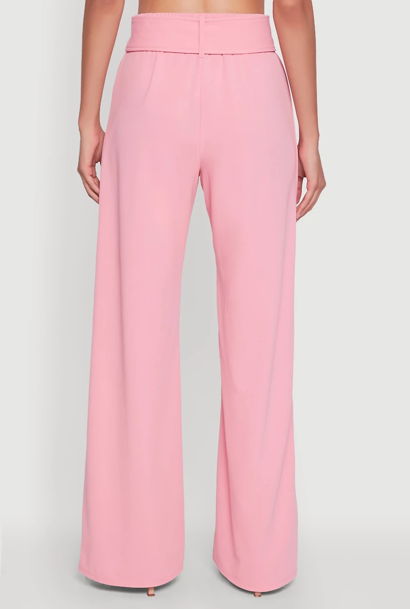 Womens Trendy High Waisted Rhinestone Belted Palazzo Pants, Pink, Size S
