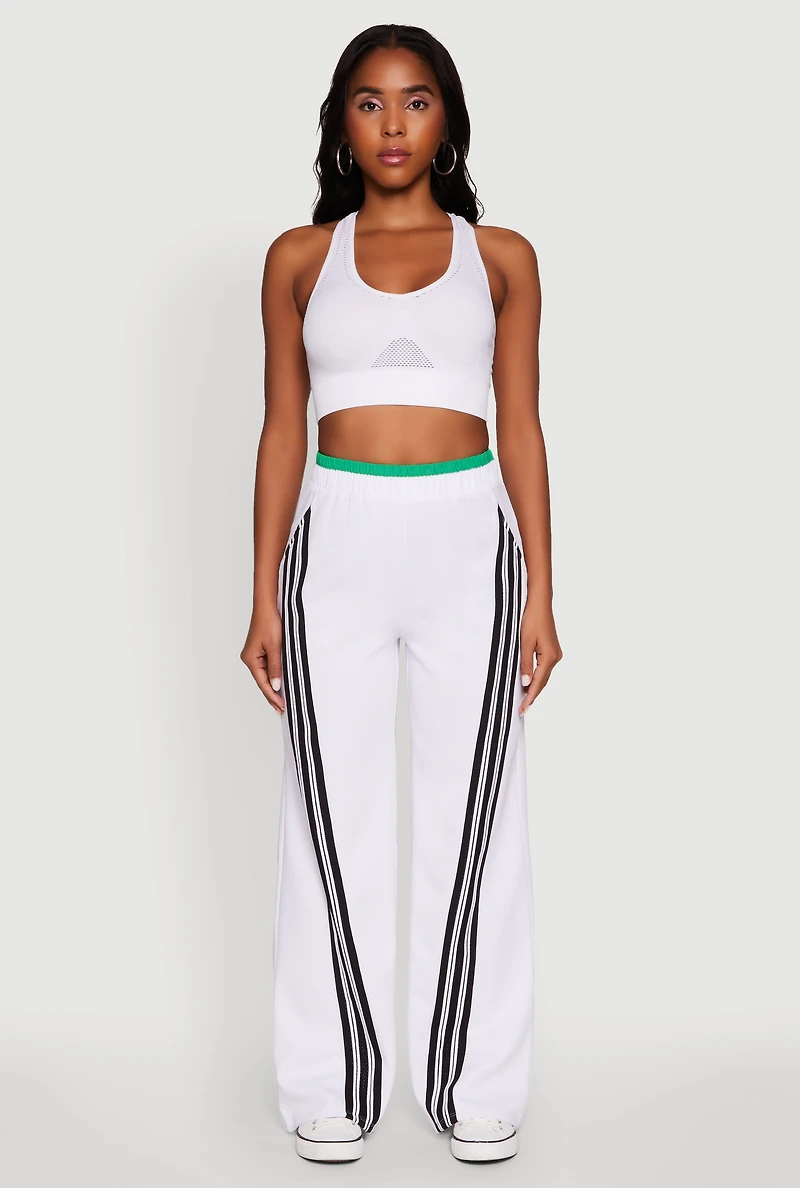 Womens Stylish High Waisted Contrast Trim Scuba Active Pants, White, Size M