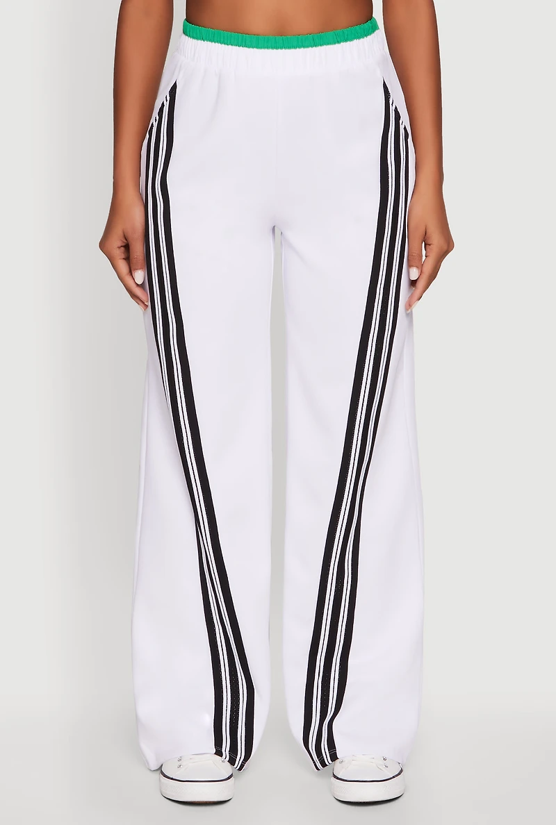 Womens Stylish High Waisted Contrast Trim Scuba Active Pants, White, Size M