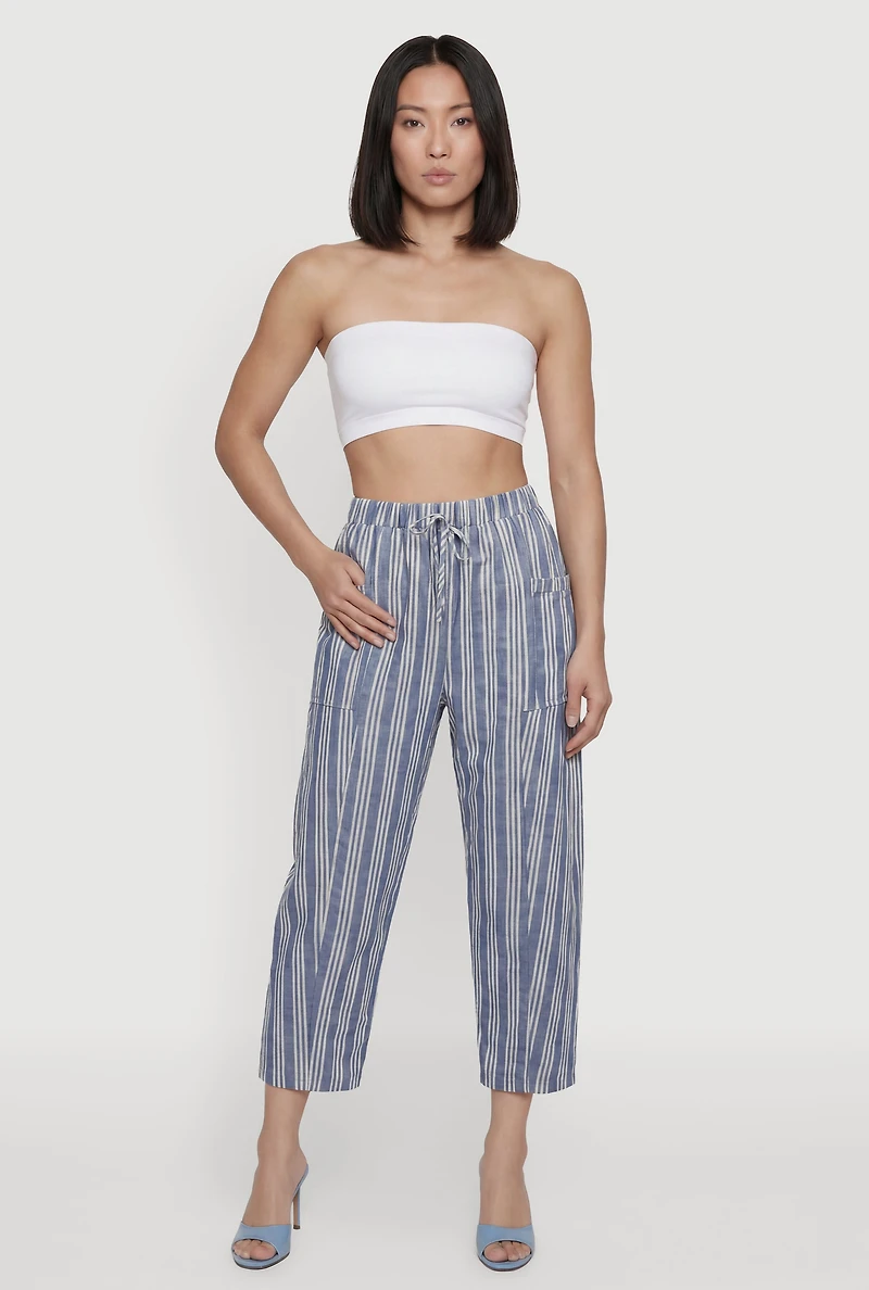 High Waisted Linen Striped Pants with Side Pockets
