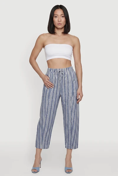 High Waisted Linen Striped Pants with Side Pockets