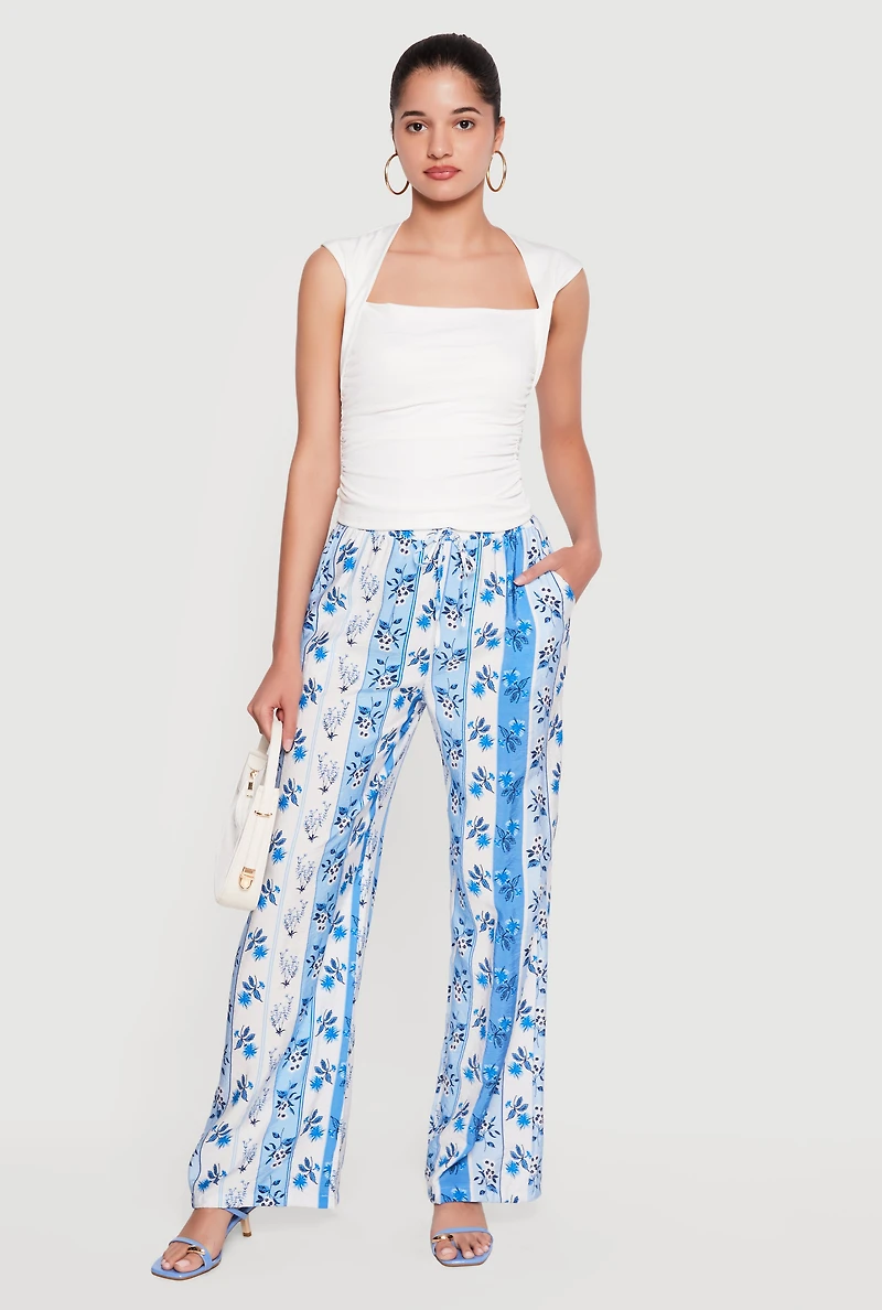 Striped Floral Print Wide Leg Casual Pants
