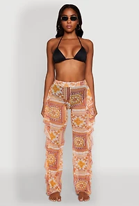Womens Printed Pattern Ruffle Trim Cover Up Pants, Multi, Size M