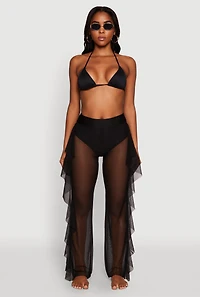 Womens High Waisted Ruffle Trim Cover Up Pants, Black, Size S