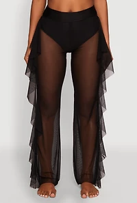 Womens High Waisted Ruffle Trim Cover Up Pants, Black, Size S