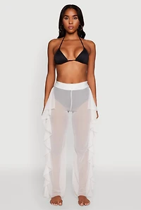 Womens High Waisted Ruffle Trim Cover Up Pants, White, Size M