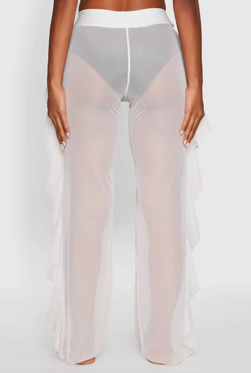 Womens High Waisted Ruffle Trim Cover Up Pants, White, Size M