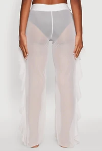 Womens High Waisted Ruffle Trim Cover Up Pants, White, Size M