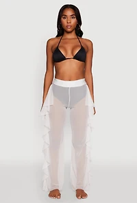 Womens Ruffle Trim High Waisted Cover Up Pants, White, Size L