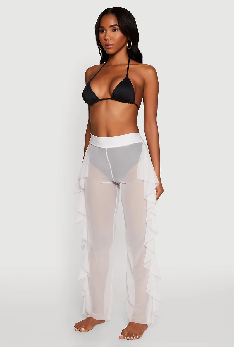 Womens Ruffle Trim High Waisted Cover Up Pants, White, Size L