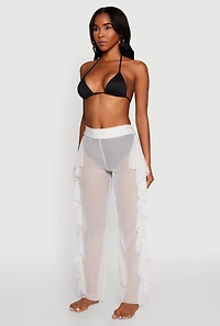 Womens Ruffle Trim High Waisted Cover Up Pants, White, Size L