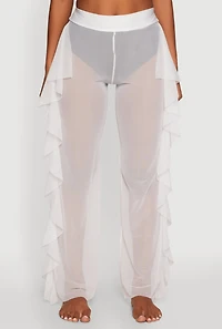 Womens Ruffle Trim High Waisted Cover Up Pants, White, Size L