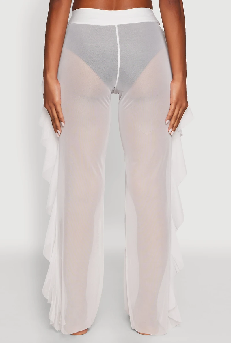 Womens Ruffle Trim High Waisted Cover Up Pants, White, Size L