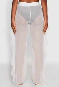 Womens Ruffle Trim High Waisted Cover Up Pants, White, Size L