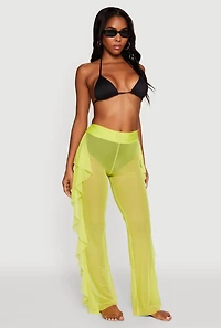 Womens Ruffle Trim High Waisted Cover Up Pants, Yellow, Size S