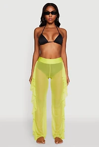 Womens Ruffle Trim High Waisted Cover Up Pants, Yellow, Size S