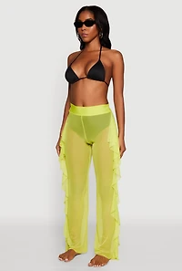 Womens Ruffle Trim High Waisted Cover Up Pants, Yellow, Size S