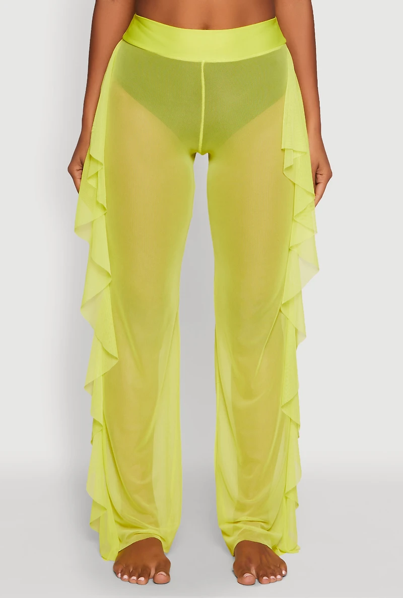 Womens Ruffle Trim High Waisted Cover Up Pants, Yellow, Size S