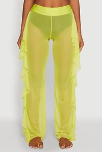 Womens Ruffle Trim High Waisted Cover Up Pants, Yellow, Size S
