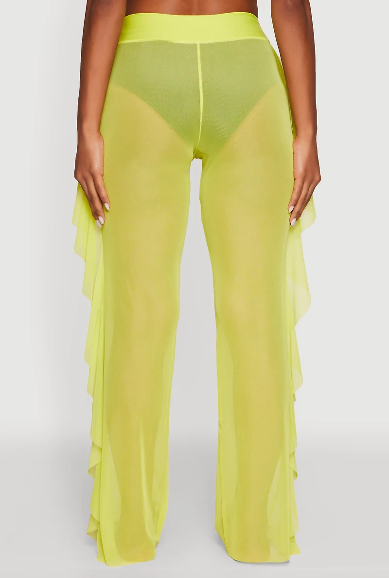 Womens Ruffle Trim High Waisted Cover Up Pants, Yellow, Size S