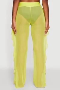 Womens Ruffle Trim High Waisted Cover Up Pants, Yellow, Size S