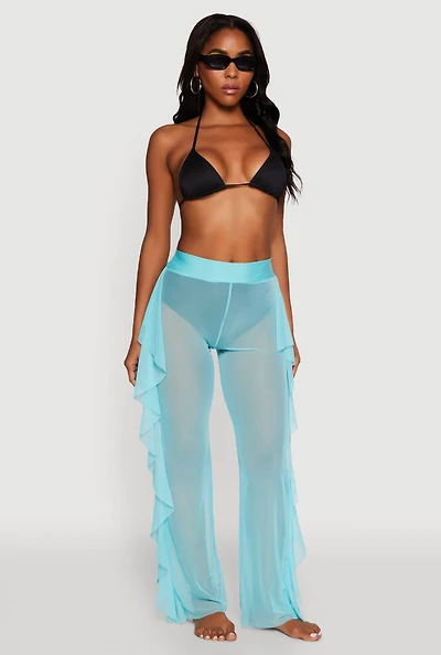 Womens Ruffle Trim High Waisted Cover Up Pants, Blue, Size M