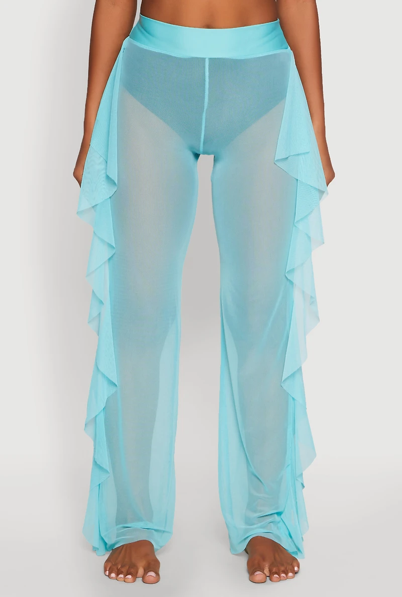 Womens Ruffle Trim High Waisted Cover Up Pants,