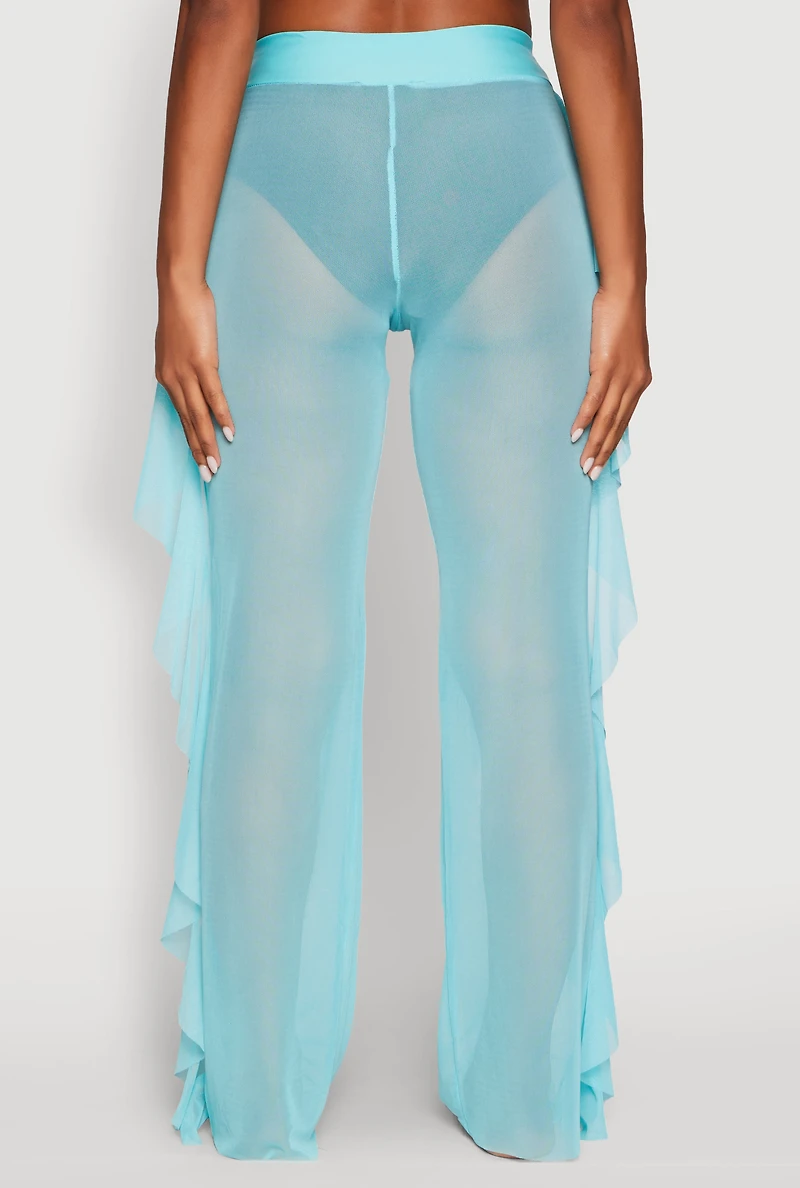 Womens Ruffle Trim High Waisted Cover Up Pants,
