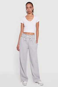 Womens Drawstring Paper Bag Waist Wide Leg Sweatpants, Grey, Size XL