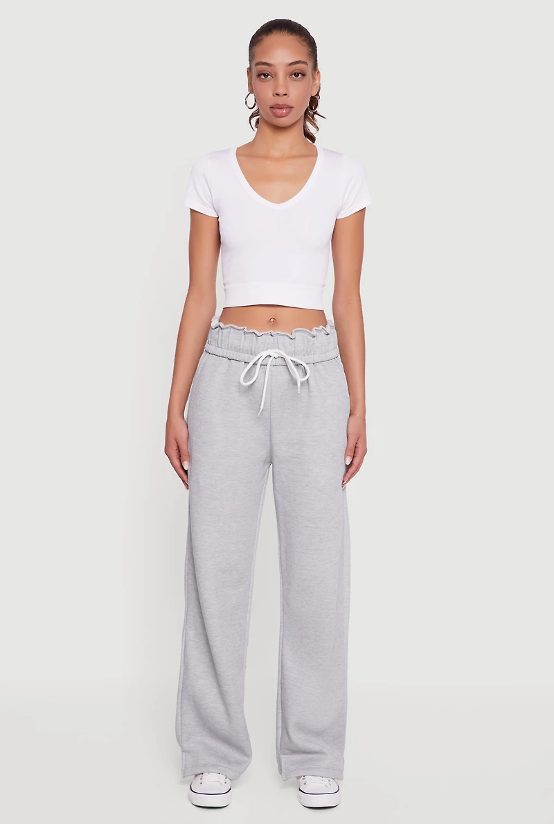 Womens Drawstring Paper Bag Waist Wide Leg Sweatpants, Grey,