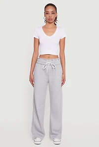 Womens Drawstring Paper Bag Waist Wide Leg Sweatpants, Grey,
