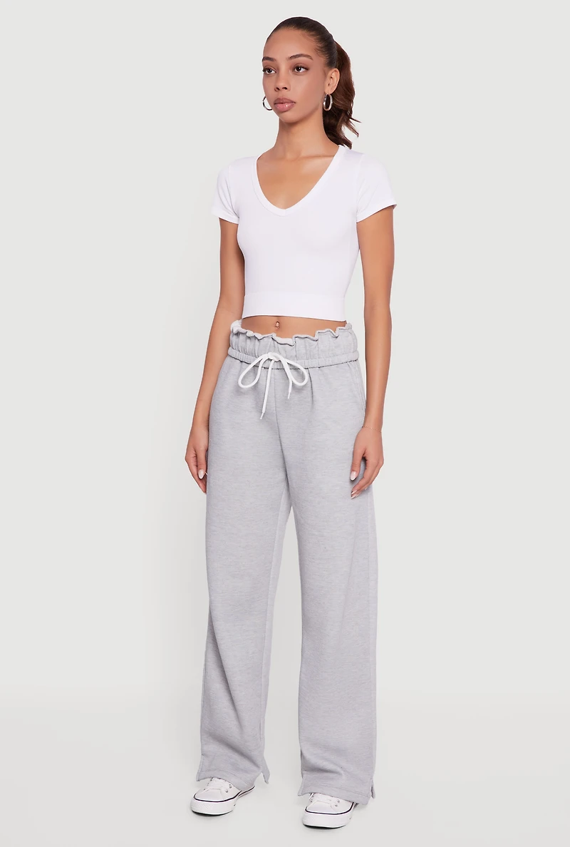 Womens Drawstring Paper Bag Waist Wide Leg Sweatpants, Grey,