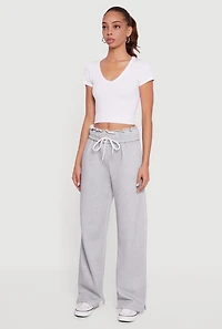 Womens Drawstring Paper Bag Waist Wide Leg Sweatpants, Grey,