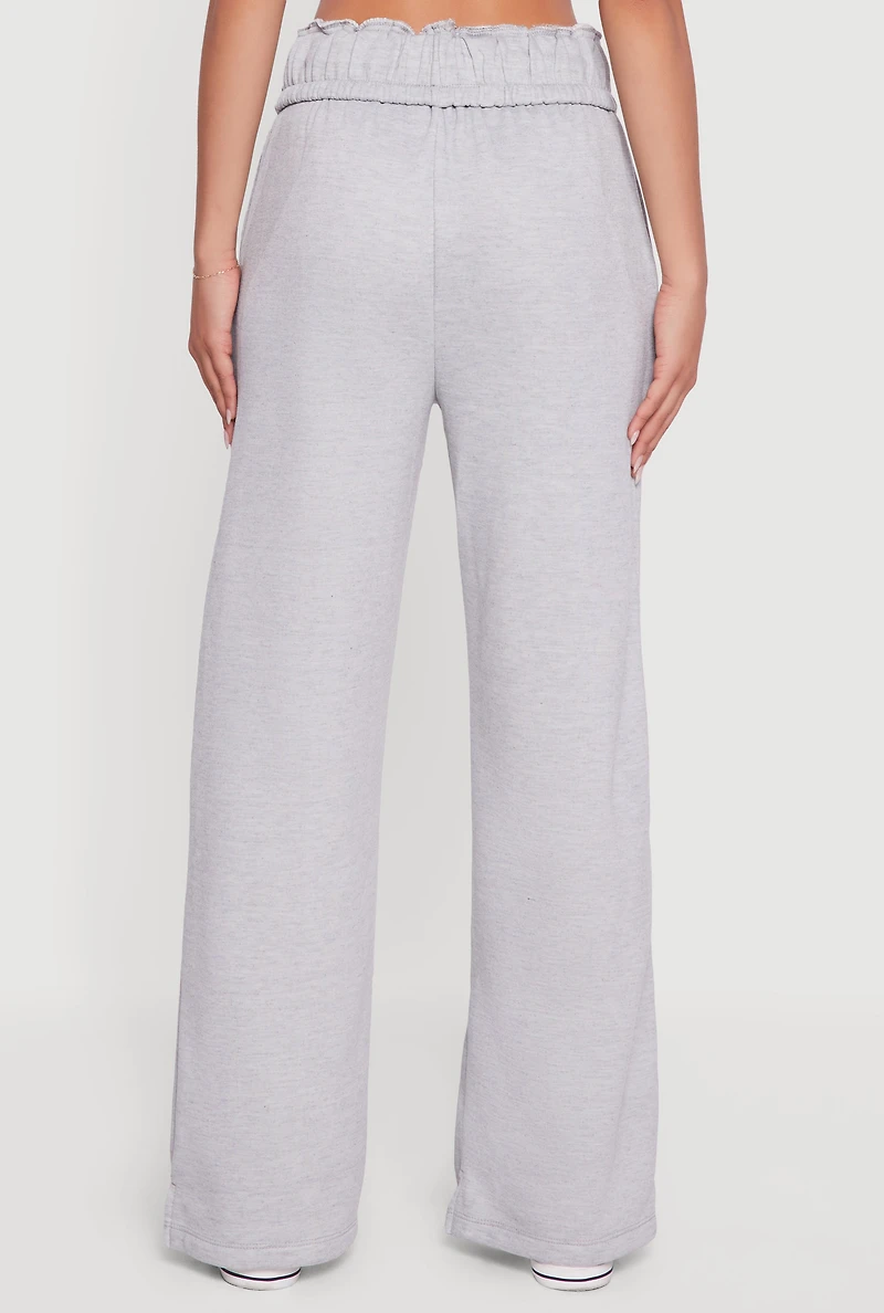 Womens Drawstring Paper Bag Waist Wide Leg Sweatpants, Grey,