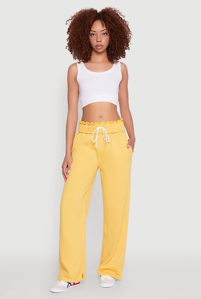 Womens Drawstring Paper Bag Waist Sweatpants, Yellow, Size L