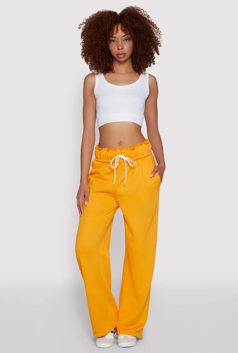 Womens Drawstring Paper Bag Waist Sweatpants, Orange, Size L