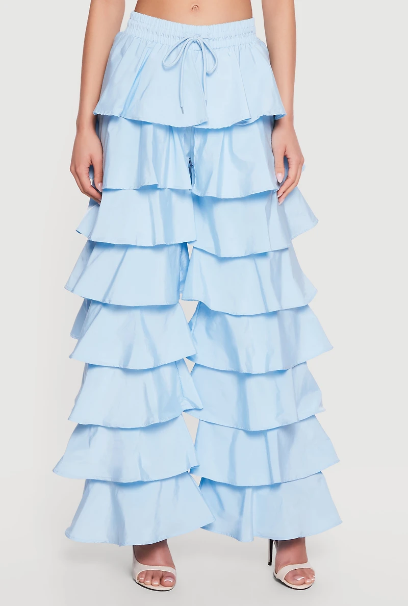 Drawstring Waist Ruffle Tiered Casual Pants