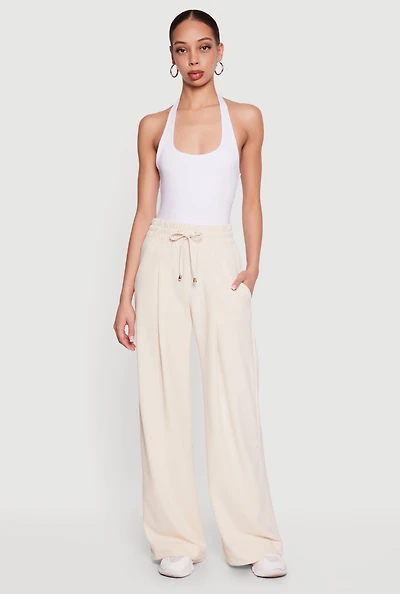 Crepe Knit Wide Leg Drawstring Waist Casual Pants