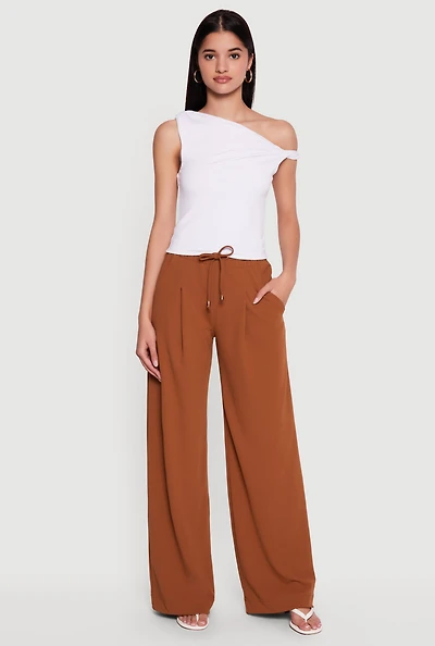 Crepe Knit Wide Leg Drawstring Waist Casual Pants