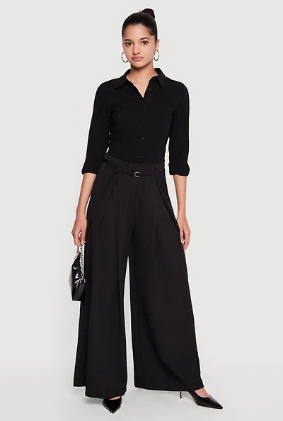 Pleated High Waisted Wide Leg Belted Dress Pants