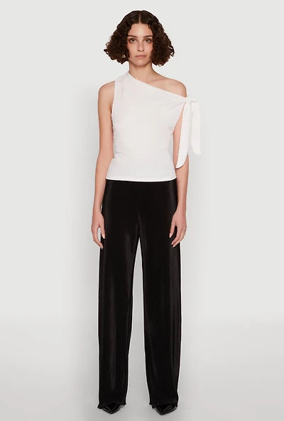 Womens Iris Plisse Lettuce Edge Wide Leg Pants, Black, Size M