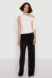 Womens Iris Plisse Lettuce Edge Wide Leg Pants, Black, Size M