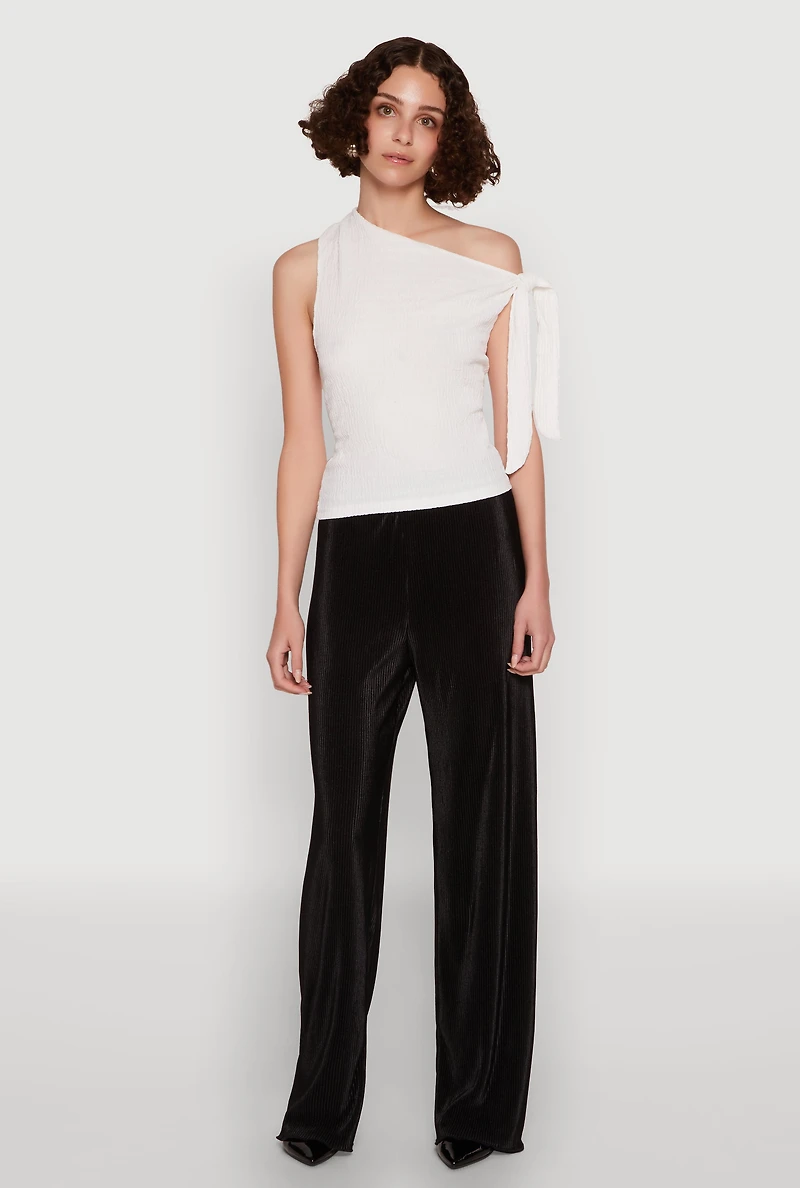 Womens Iris Plisse Lettuce Edge Wide Leg Pants, Black, Size S