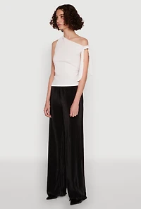 Womens Iris Plisse Lettuce Edge Wide Leg Pants, Black, Size M