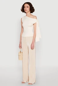 Womens Iris Plisse Lettuce Edge Wide Leg Pants, Khaki, Size L